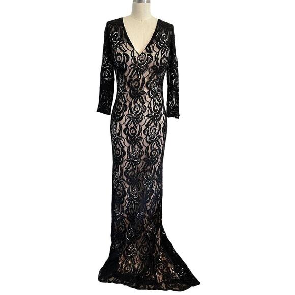 Aspeed Black V-Neck 3/4 Sleeve Bodycon Lace Gown Small - Picture 1 of 9